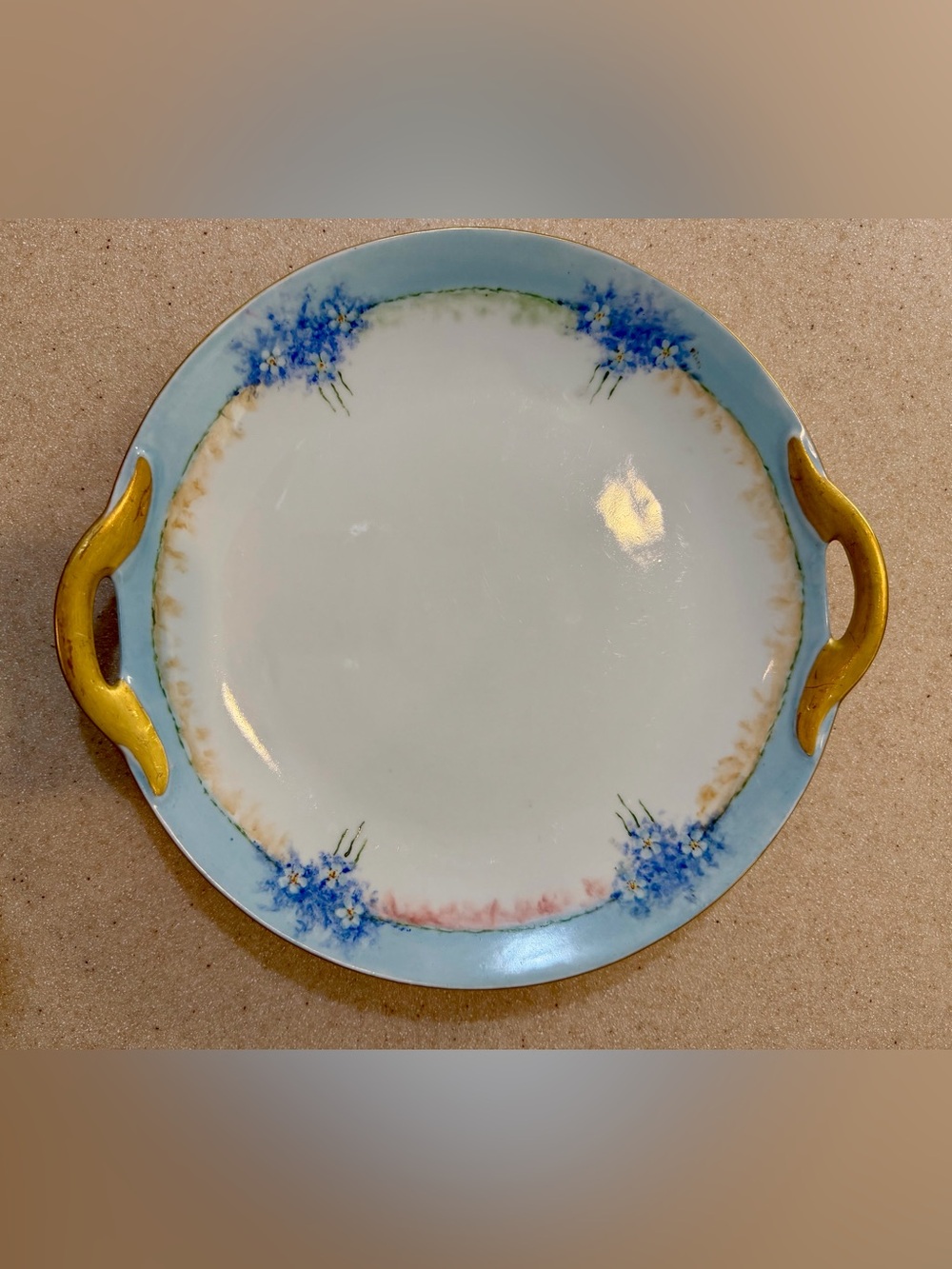Antique Hand Painted Plate Floral Blue Gold Gild Handles Bavaria Dresser Dessert